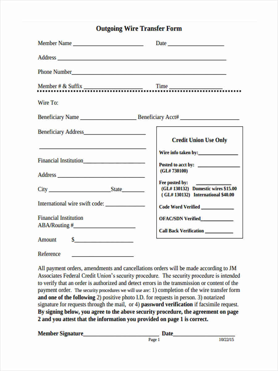 wire outgoing transfer form sample forms word excel pdf