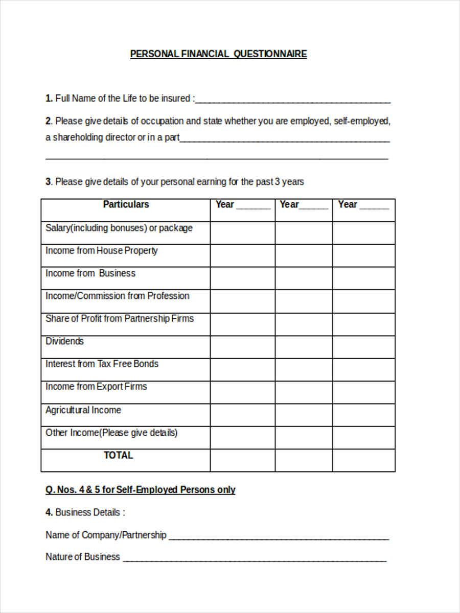 personal financial questionnaire
