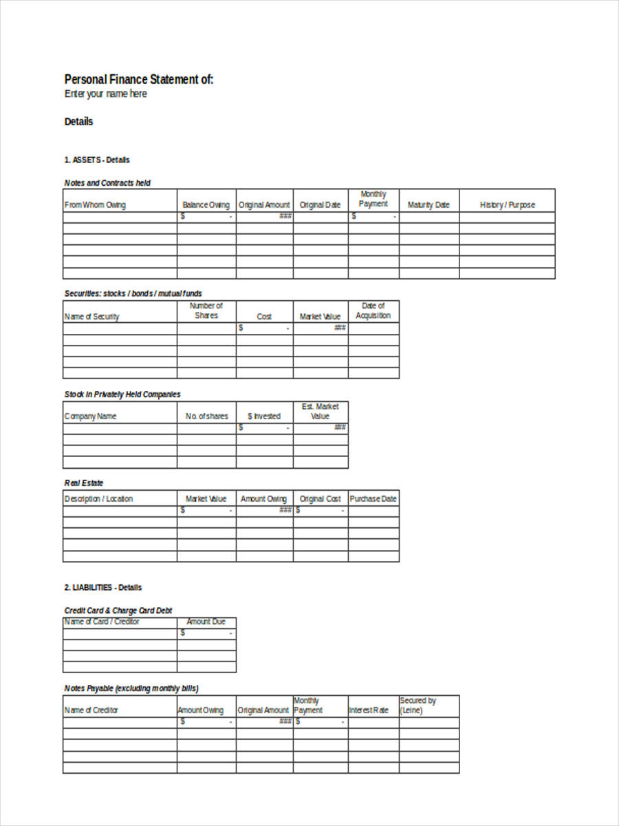 place number birth social security of Statement FREE Financial in Personal  Form 7 Sample