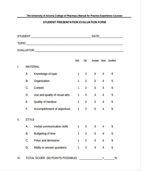 pharmacy student presentation evaluation form