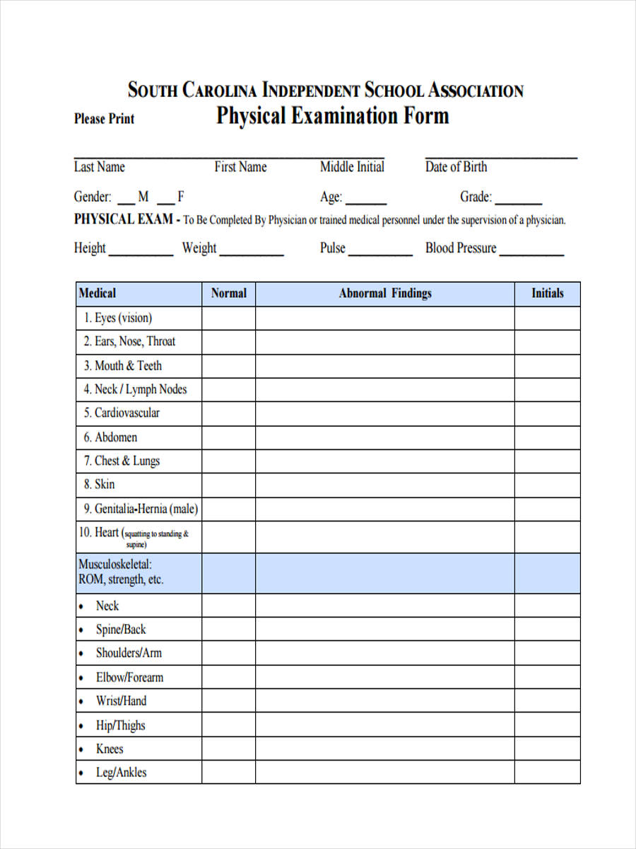 Free Printable Physical Exam Forms Printable Blank World