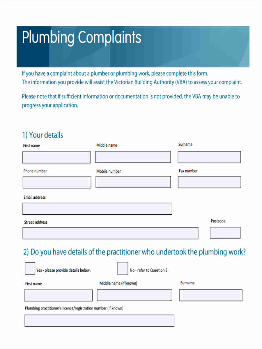 plumbing complaints form