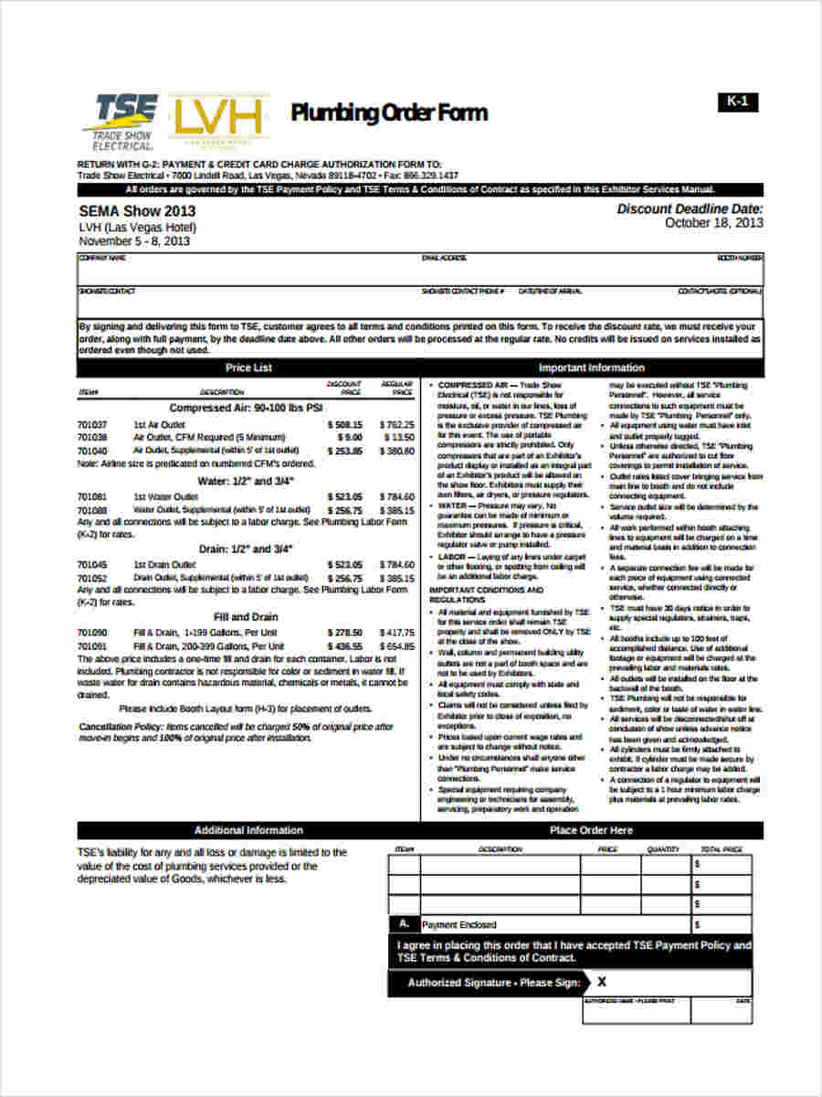 plumbing order form