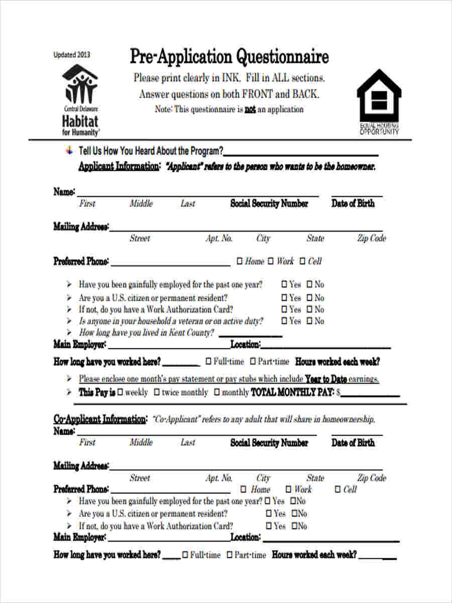 pre application questionnaire