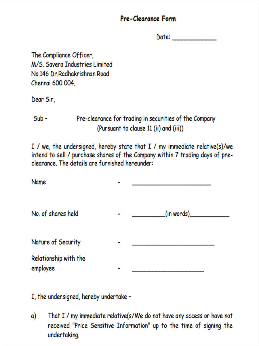pre clearance form
