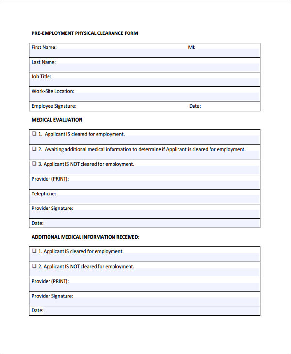 Free 7 Pre Employment Physical Forms In Pdf
