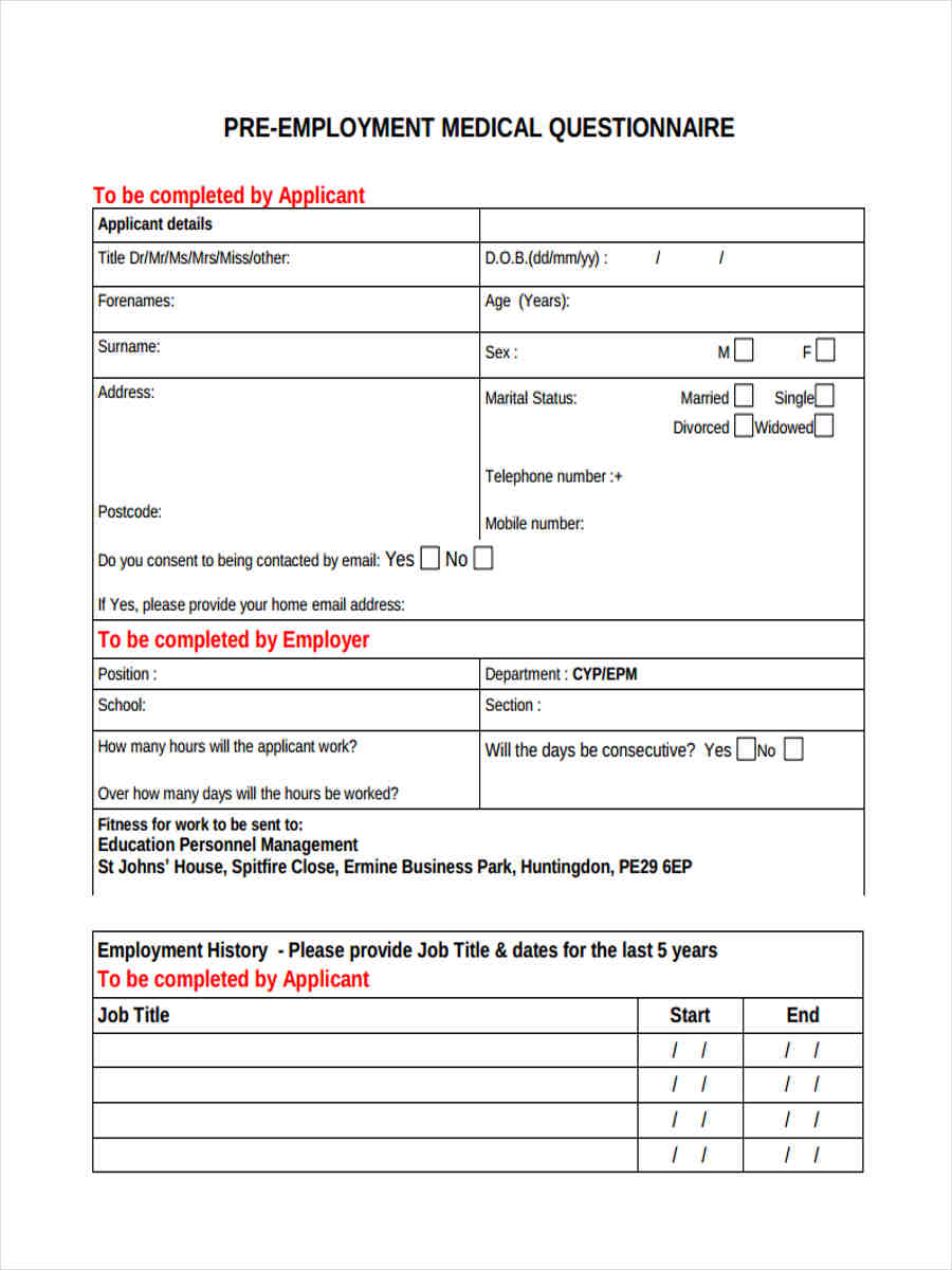 Pre Employment Medical Questionnaire Template In Word And Pdf Formats 