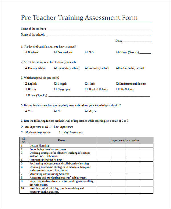 pre teacher training assessment