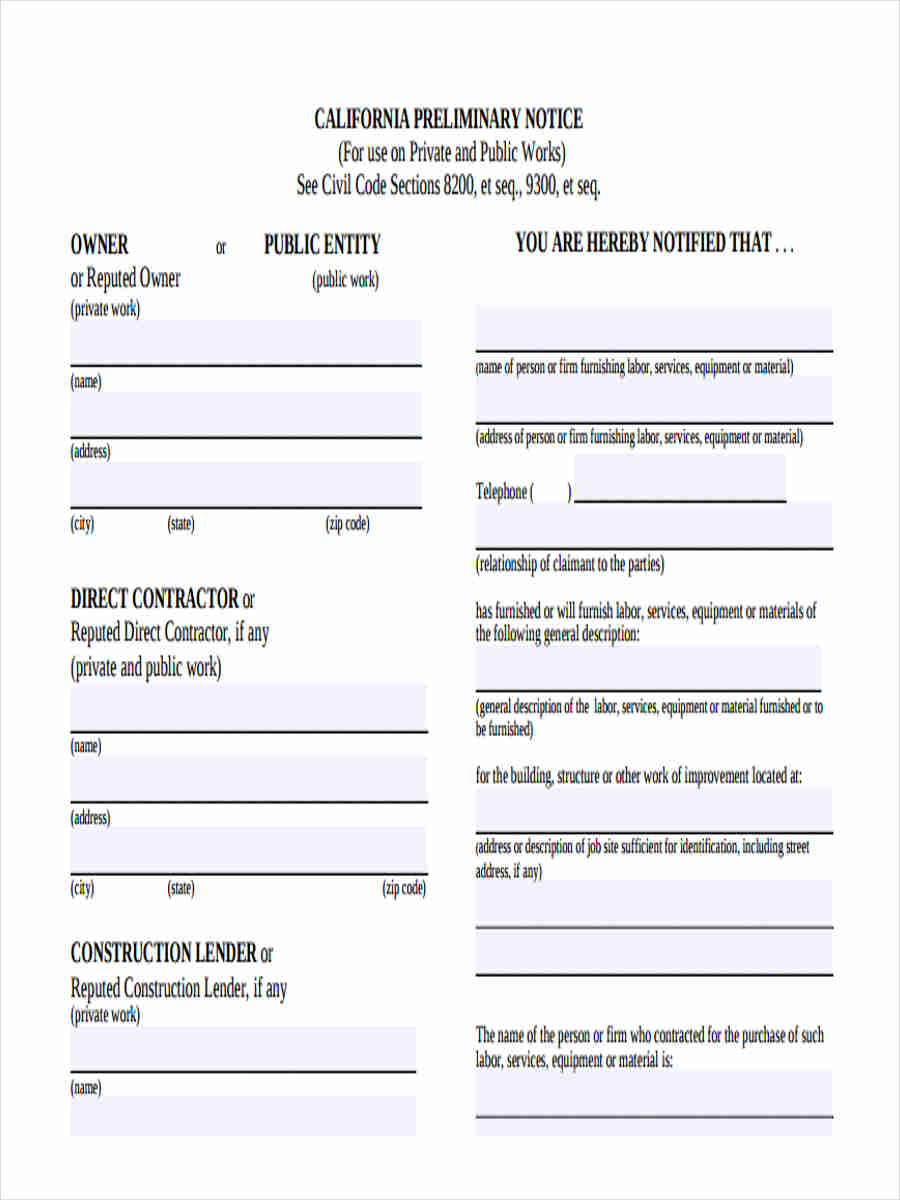 FREE 8 Preliminary Notice Forms In PDF Ms Word