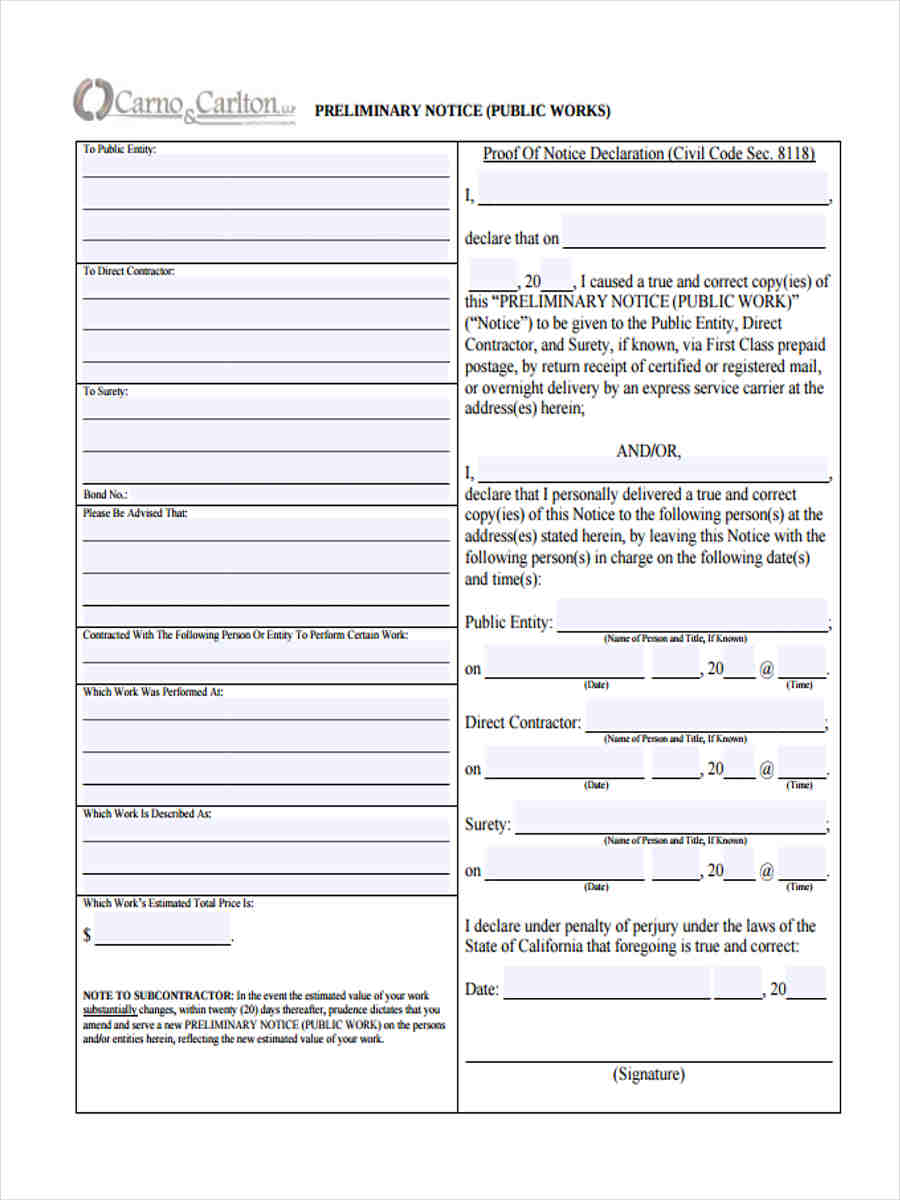 FREE 6+ Sample Preliminary Notice Forms in MS Word | PDF