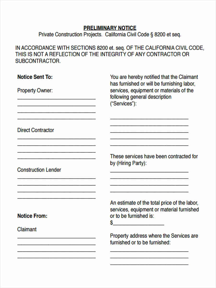 Generic Preliminary Notice Form Free Downloadable Template 4512