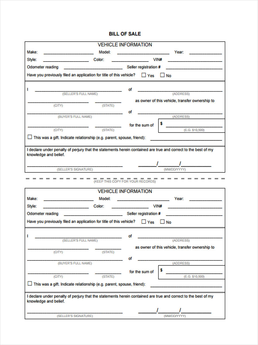 FREE 7  Generic Bill of Sale Forms in PDF