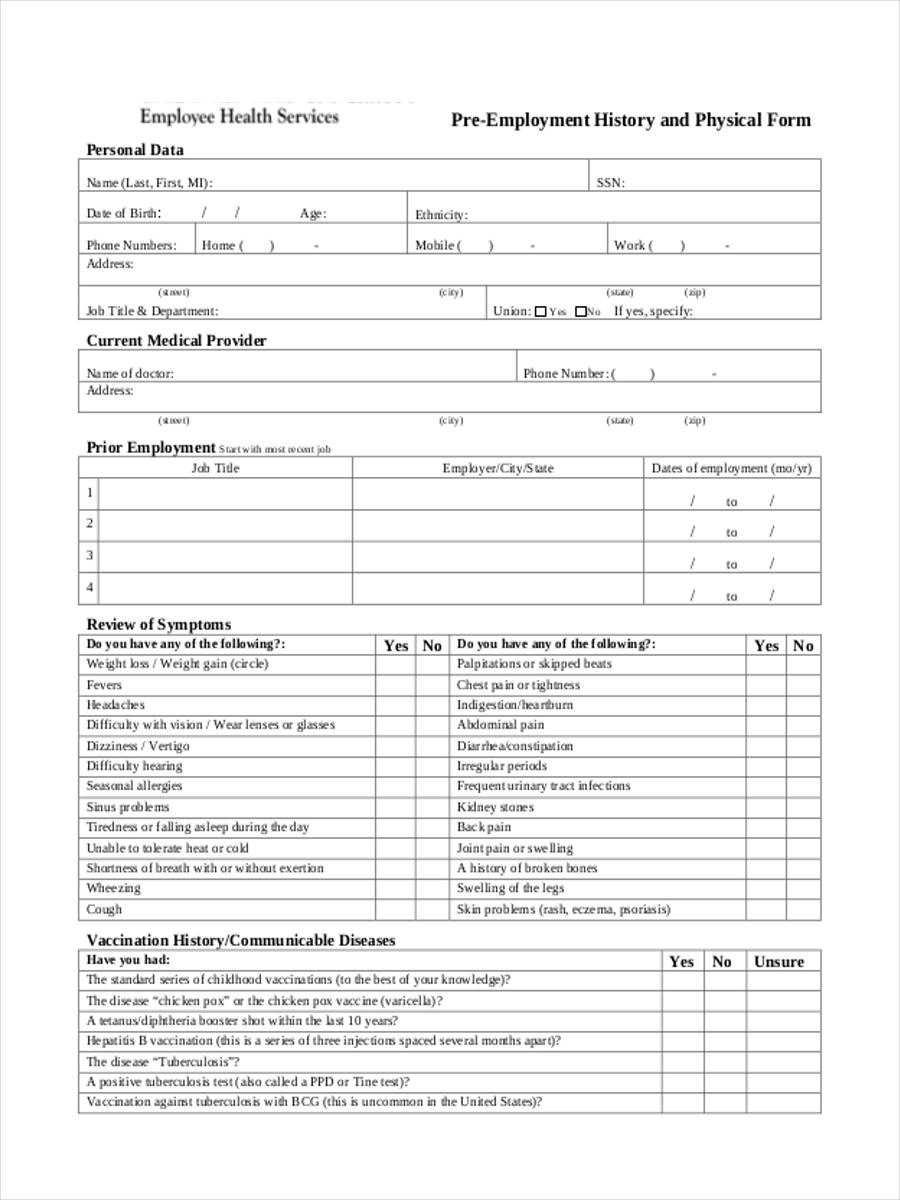 Free Printable Employment Physical Form Printable Forms Free Online