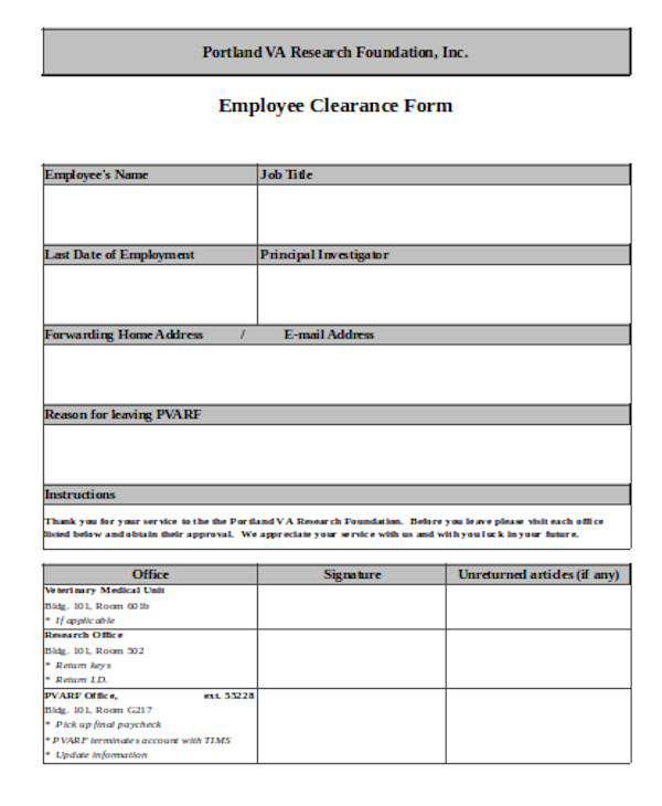 professional employee clearance form