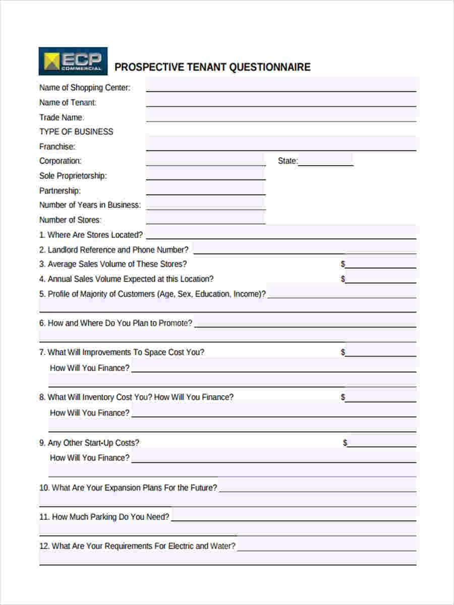 Free 9 Sample Tenant Questionnaire Forms In Ms Word Pdf 4838