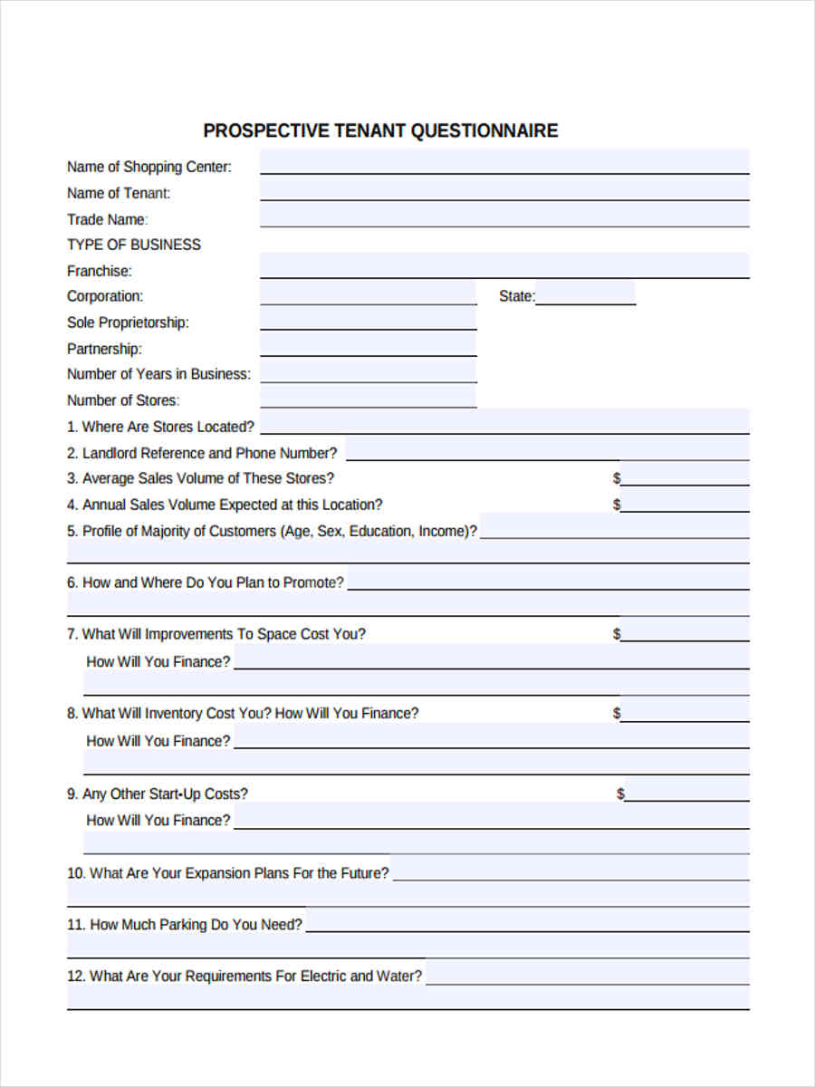 Free 9 Tenant Questionnaire Forms In Pdf Ms Word