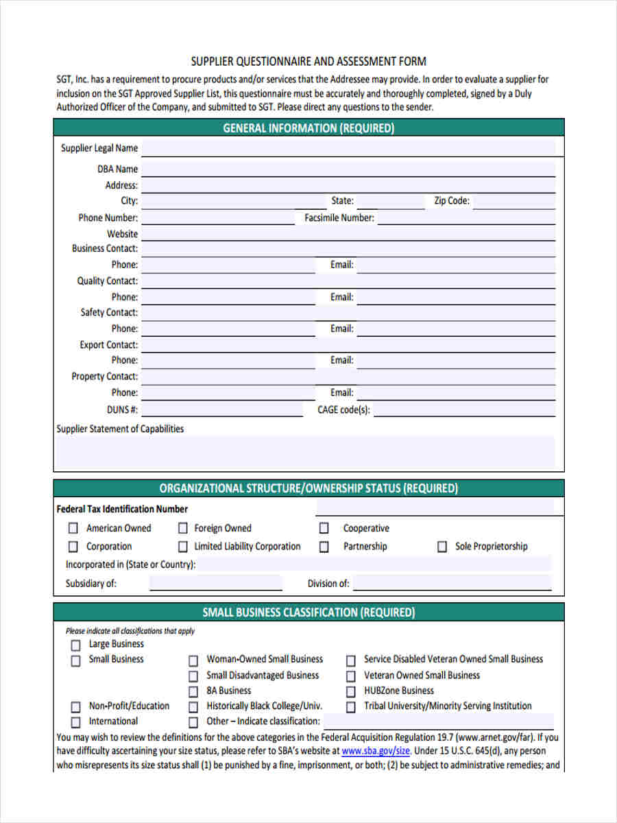 FREE 11+ Sample Supplier Questionnaire Forms in MS Word PDF