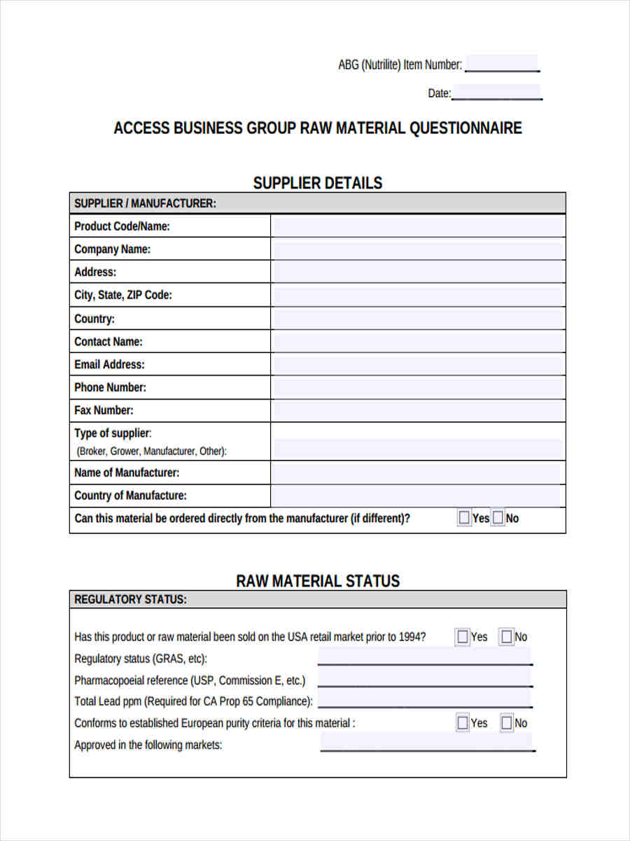 FREE 11+ Sample Supplier Questionnaire Forms in MS Word PDF