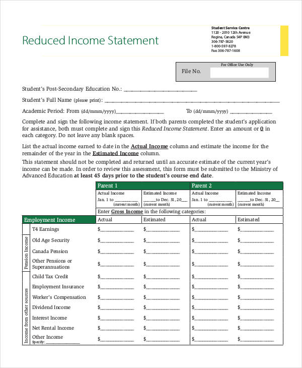 reduced income statement