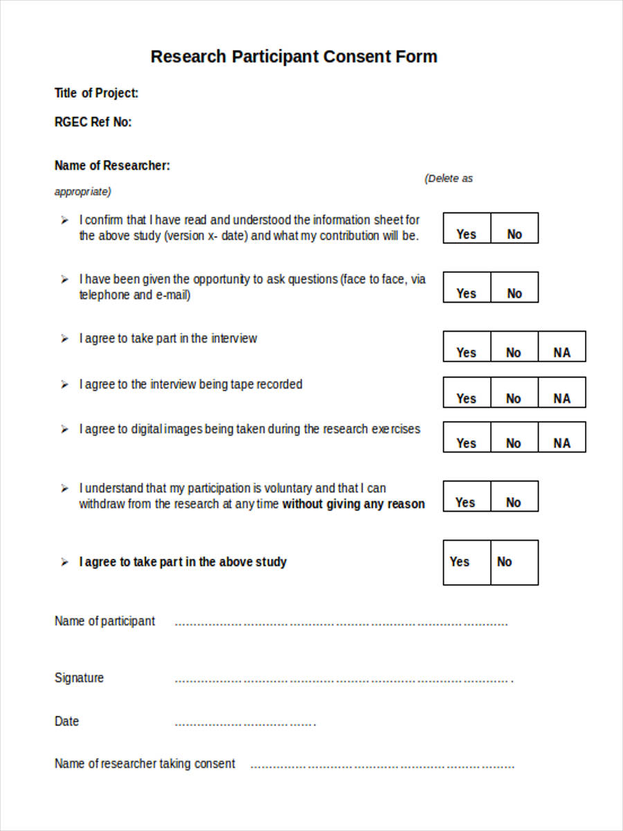 research participant sample consent form for research