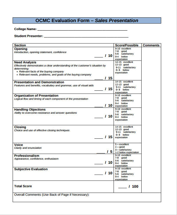 sales presentation evaluation form