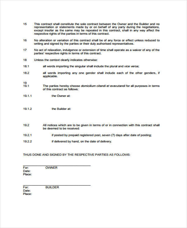 sample builder contract agreement form
