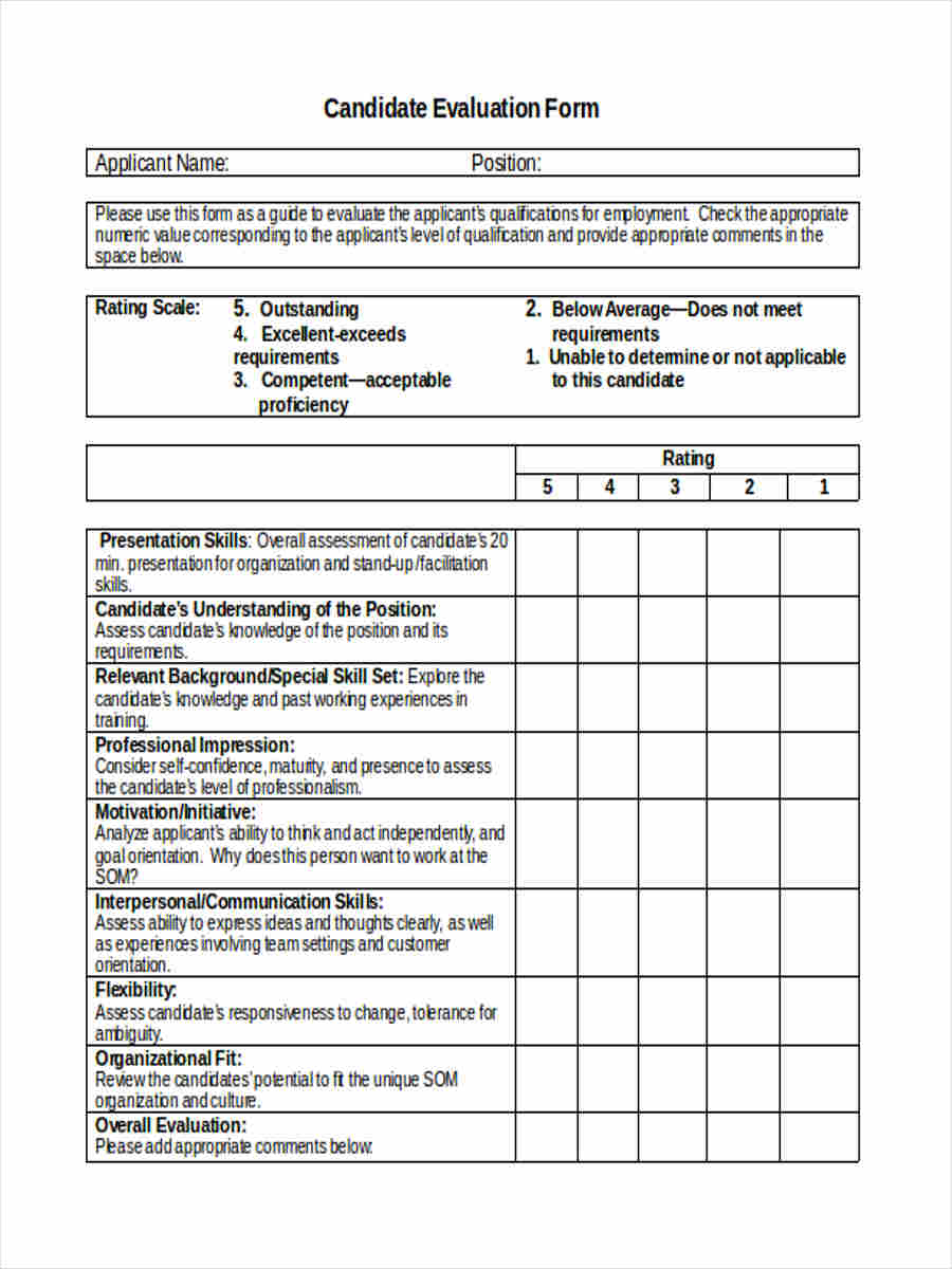 Candidate Evaluation Form Sample Master of Template Document