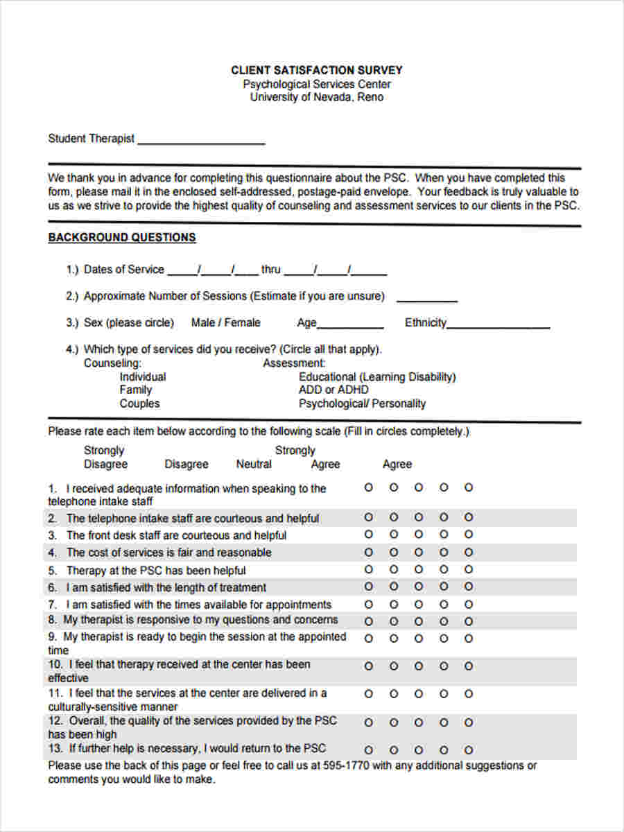 Free 6 Client Satisfaction Questionnaire Forms In Pdf Ms Word