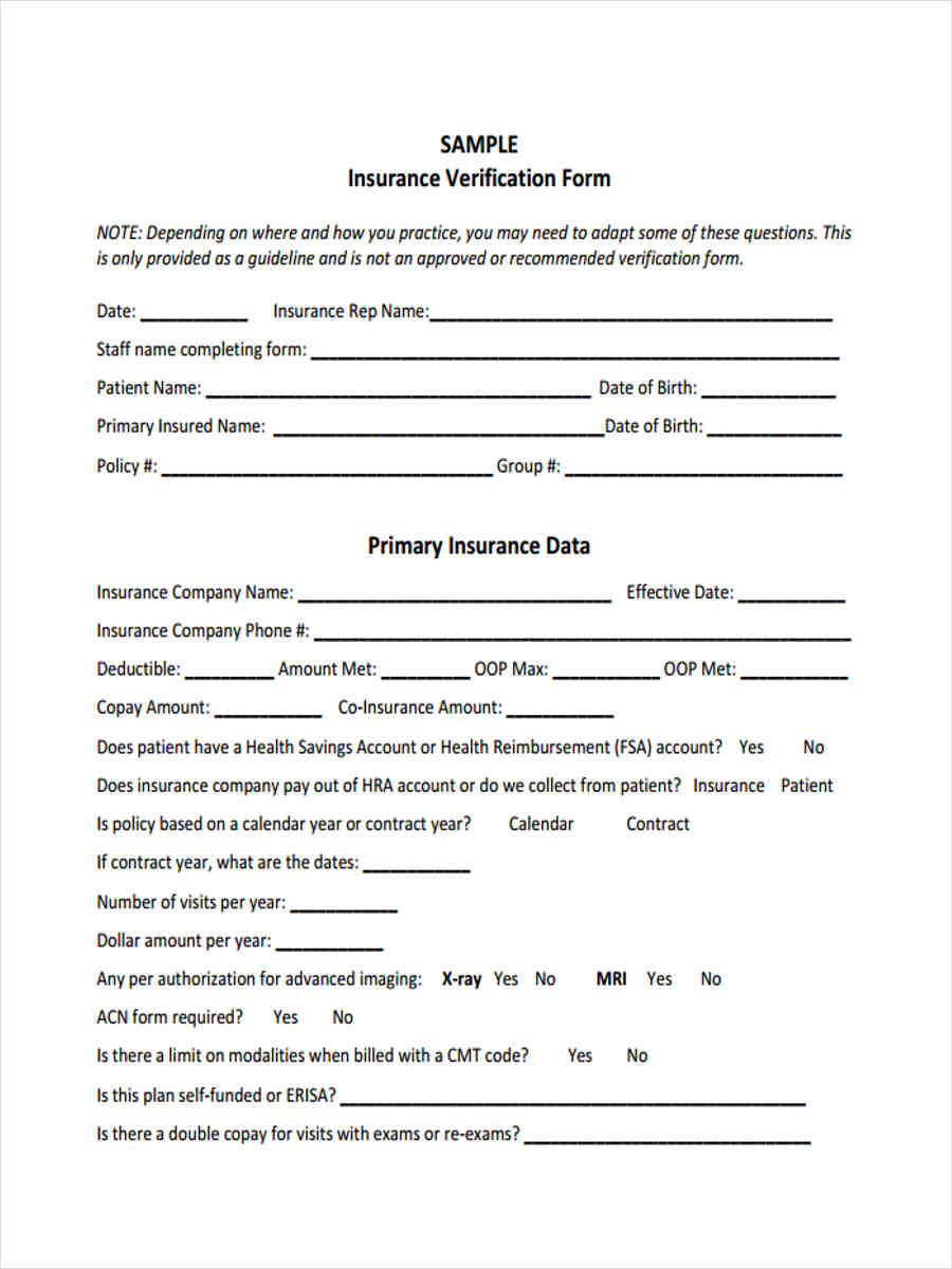 Free 6 Dental Insurance Verification Forms In Pdf Medical insurance verification form template