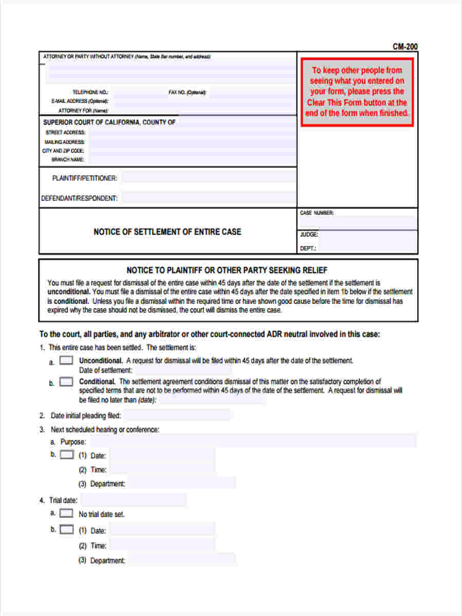 sample notice of settlement