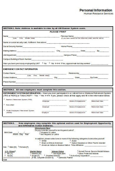 sample personal information form