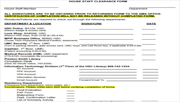 sample staff clearance forms free documents in word pdf