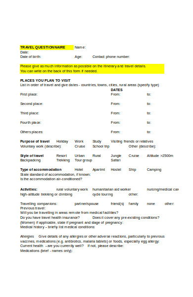 sample travel questionnaire form