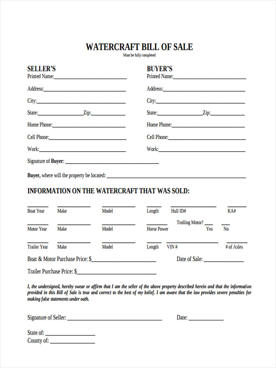 Free Printable Bill Of Sale For Watercraft Printable Templates