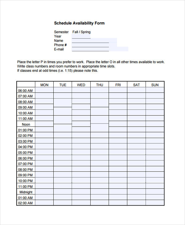 Free Printable Employee Availability Form
