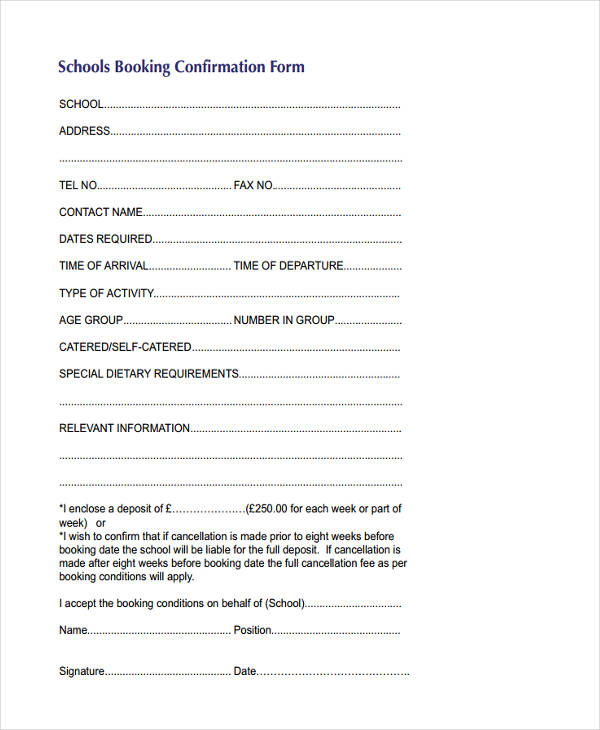 FREE 15+ Booking Confirmation Form Samples, PDF, MS Word, Google Docs
