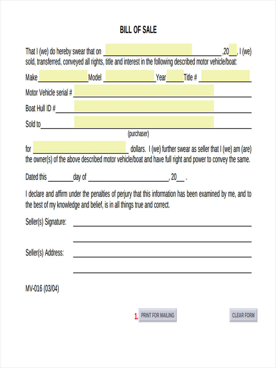 simple automotive bill of sale