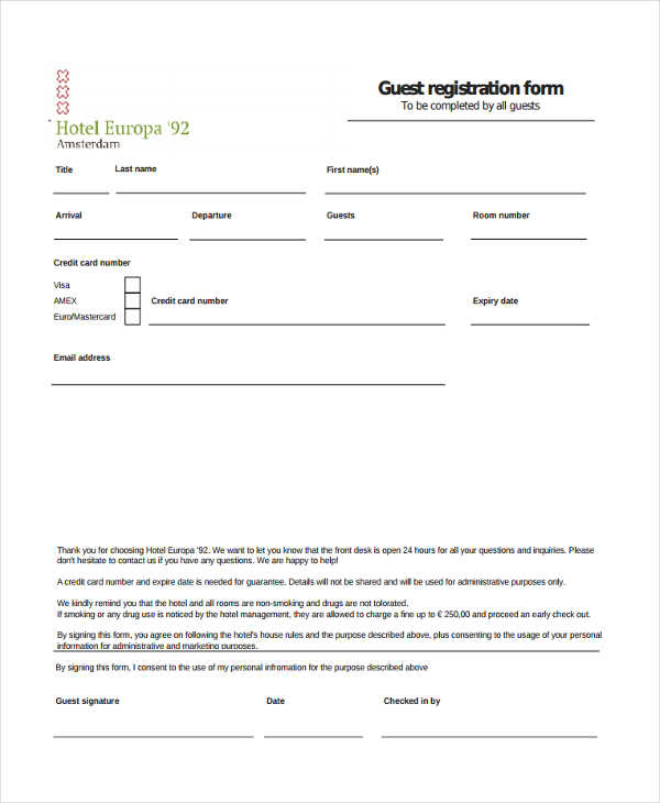 FREE 12+ Hotel Registration Forms in PDF Ms Word