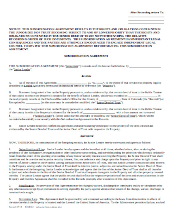 FREE 9+ Sample Subordination Agreement Forms in PDF | MS Word