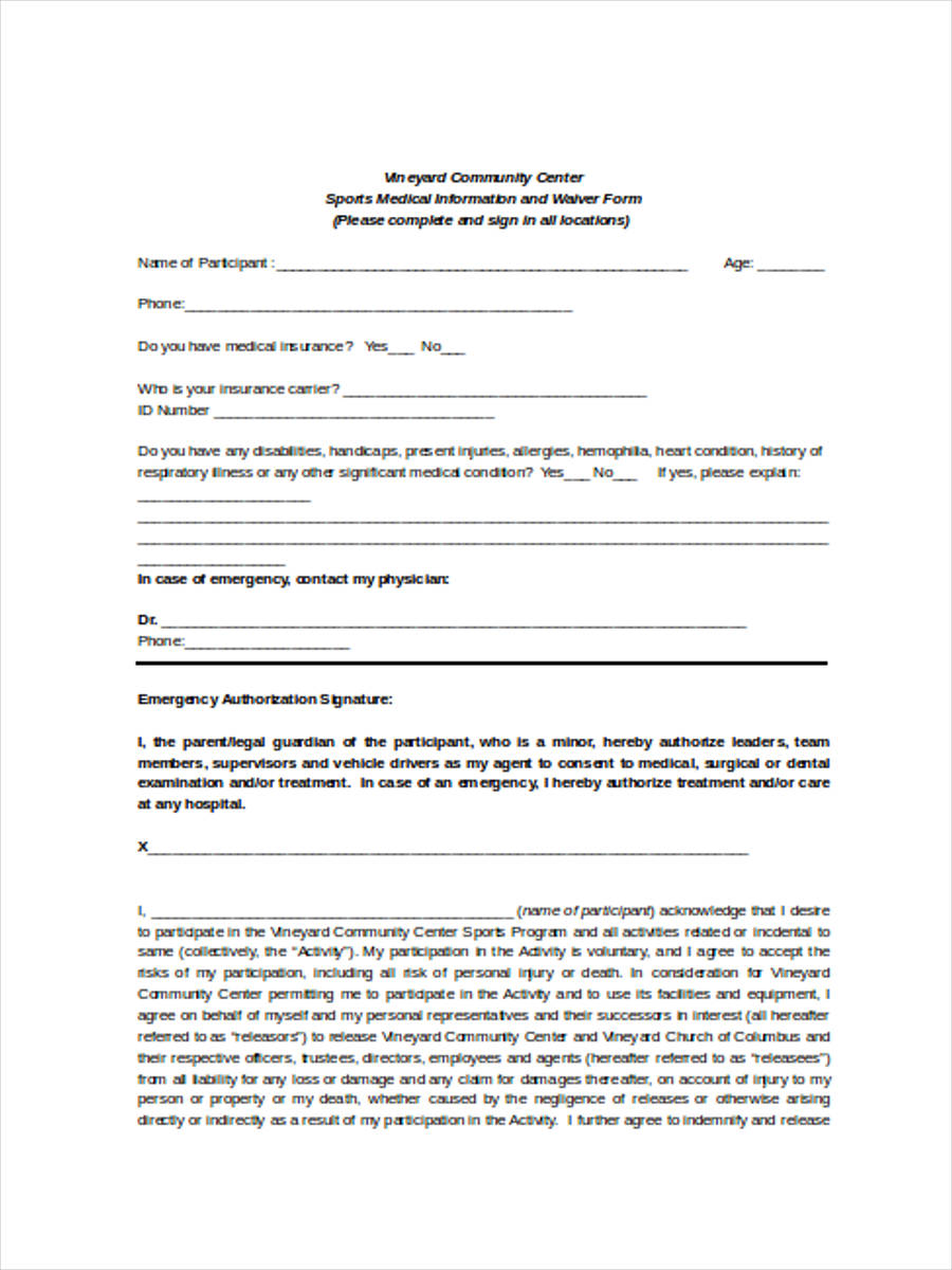 FREE 8 Sports Waiver Forms In PDF