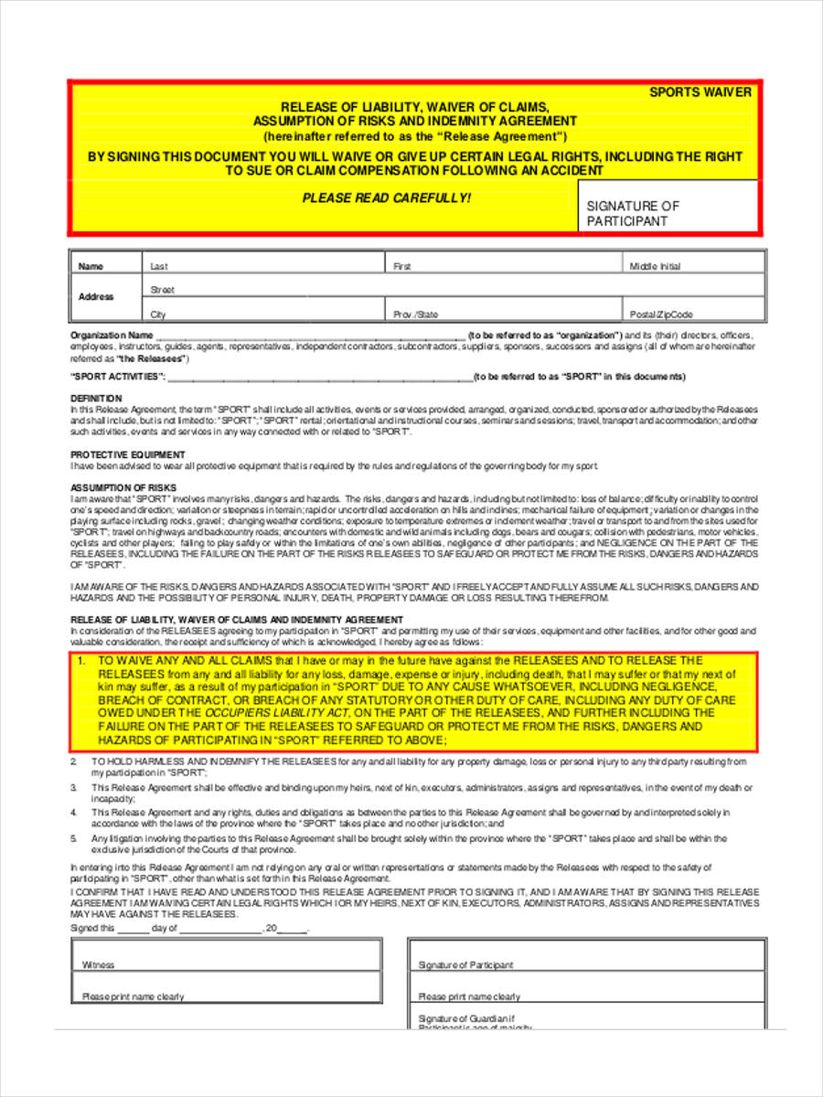 Public liability waiver form