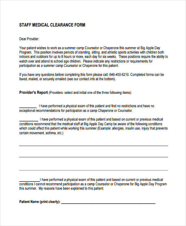 staff medical clearance