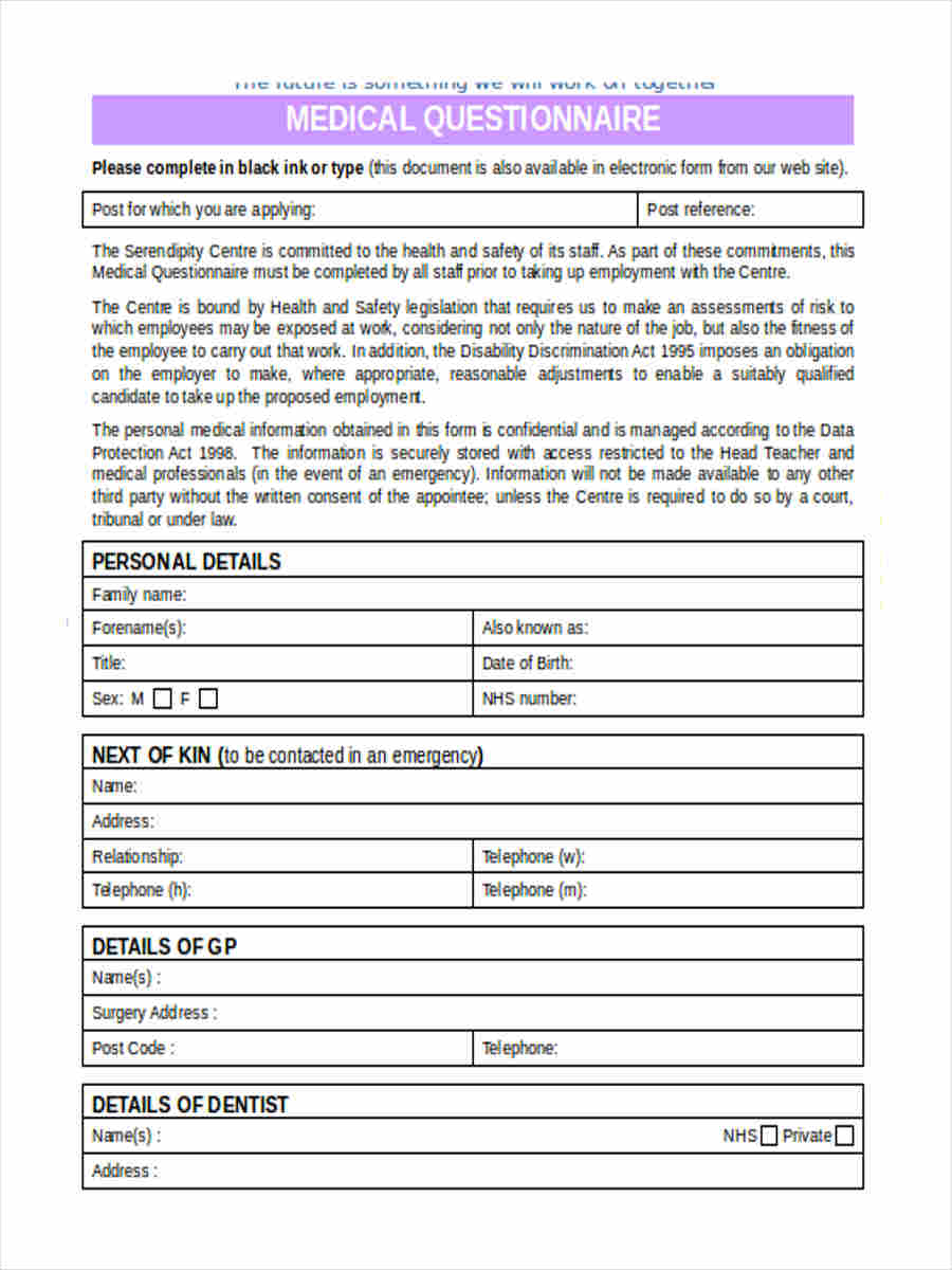 FREE 6 Medical Questionnaire Forms In PDF Ms Word