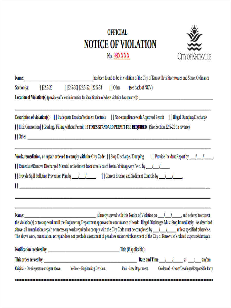 standard notice of violation