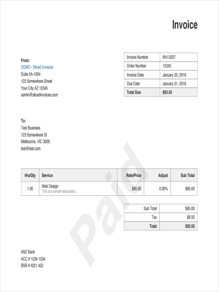 standard payment invoice form