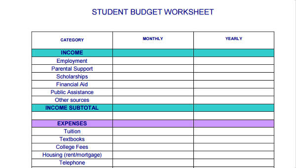 FREE 8 Student Budget Forms In PDF Ms Word