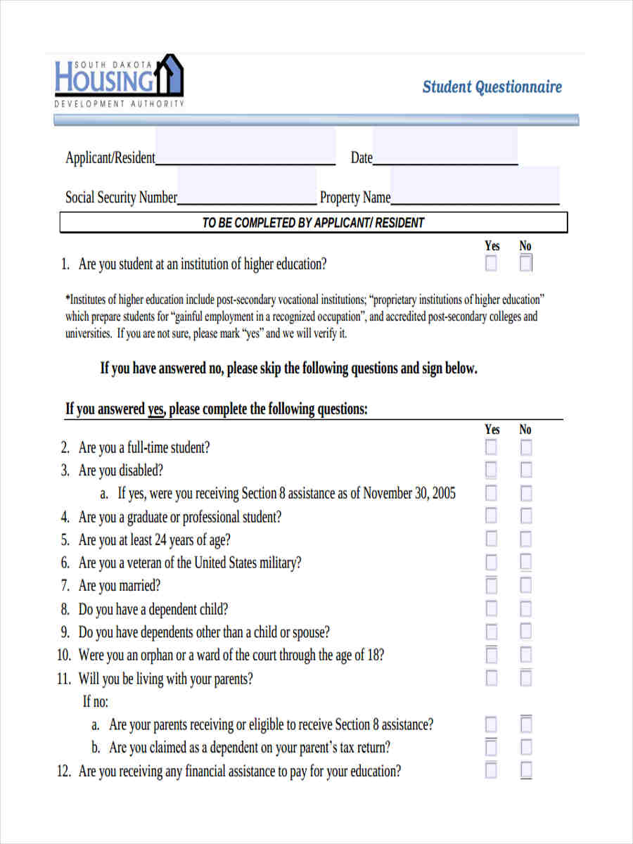 student questionnaire form