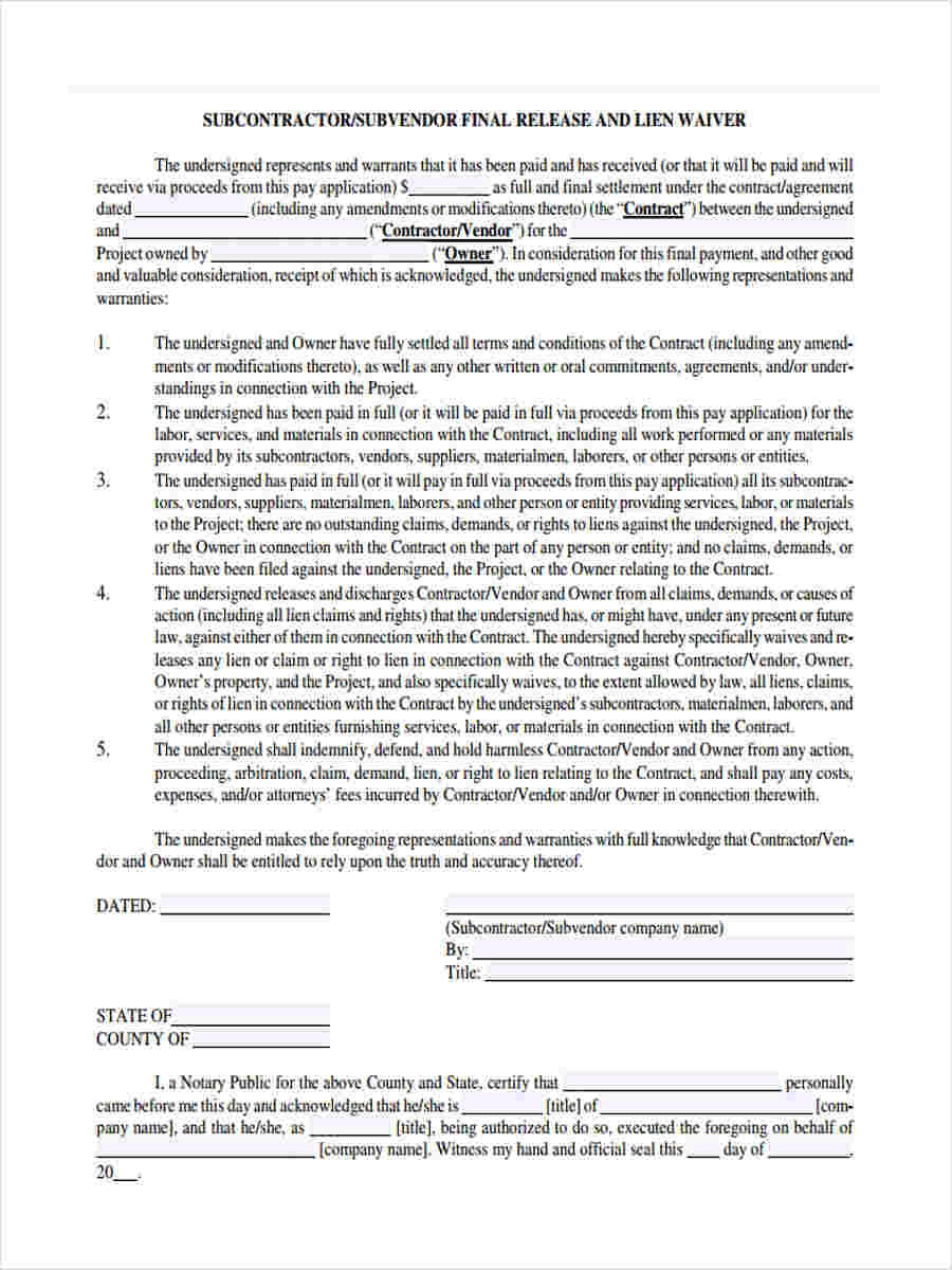 Free 7 Lien Waiver Forms In Pdf Ms Word