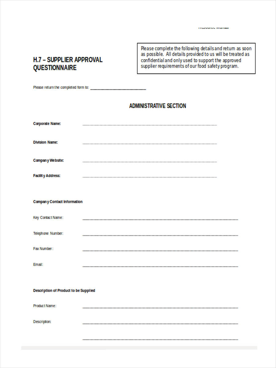 FREE 11+ Sample Supplier Questionnaire Forms in MS Word PDF