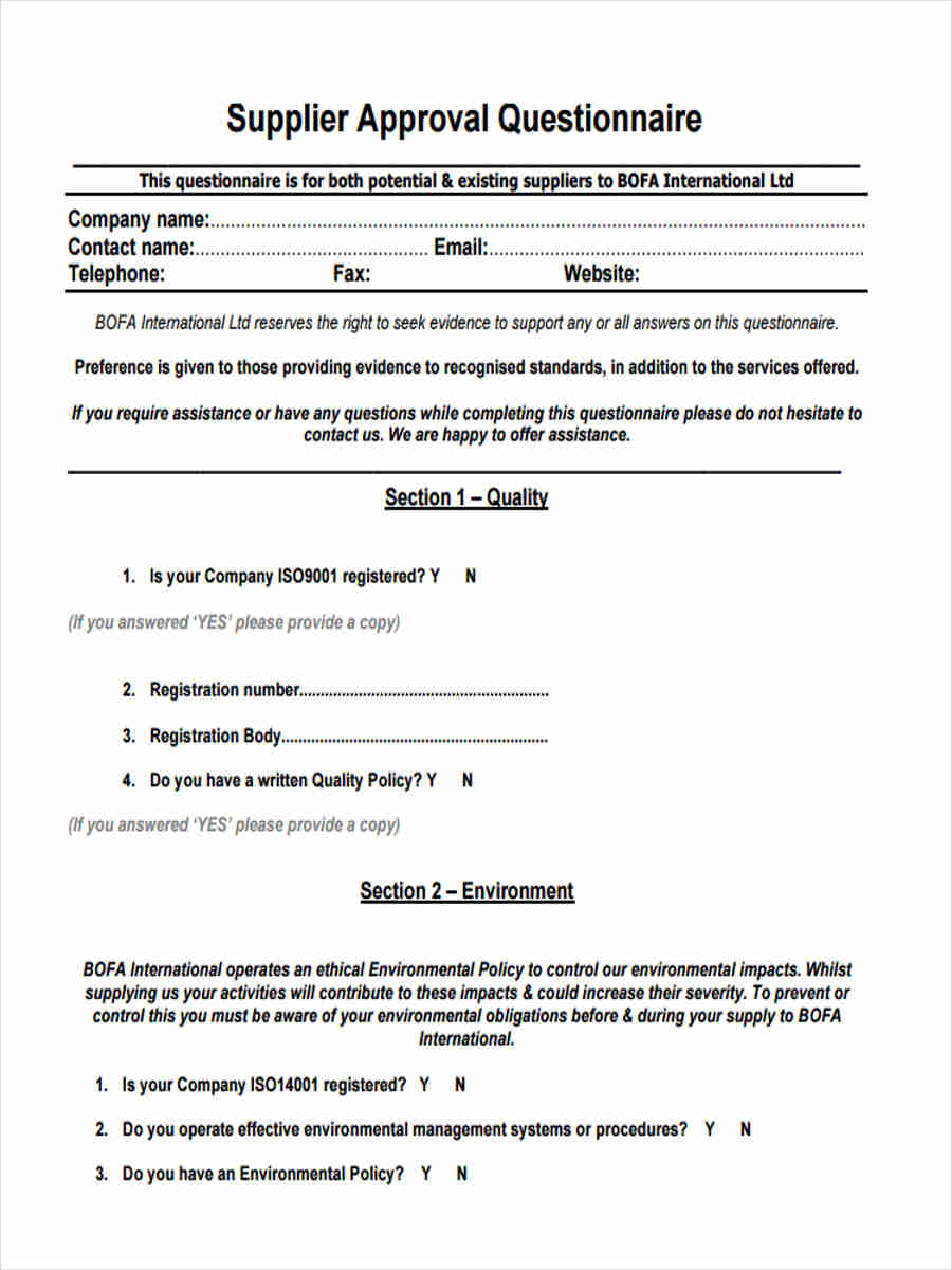 FREE 13+ Supplier Questionnaire Forms in PDF | Ms Word | Excel